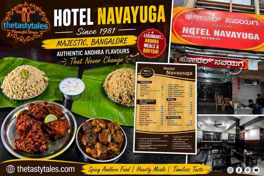 Featured collage image of Hotel Navayuga Majestic Bangalore with Andhra biryani, spicy chicken dishes, restaurant entrance, menu, and The Tasty Tales logo