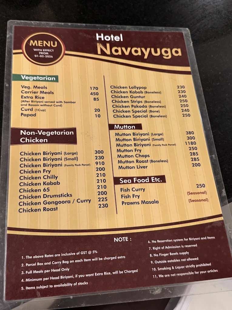 Hotel Navayuga menu featuring Andhra-style biryani chicken and mutton dishes