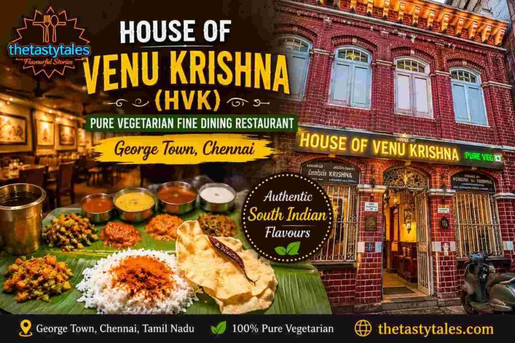 Featured image of House of Venu Krishna (HVK) pure vegetarian fine dining restaurant in George Town Chennai with traditional South Indian meals and heritage-style exterior