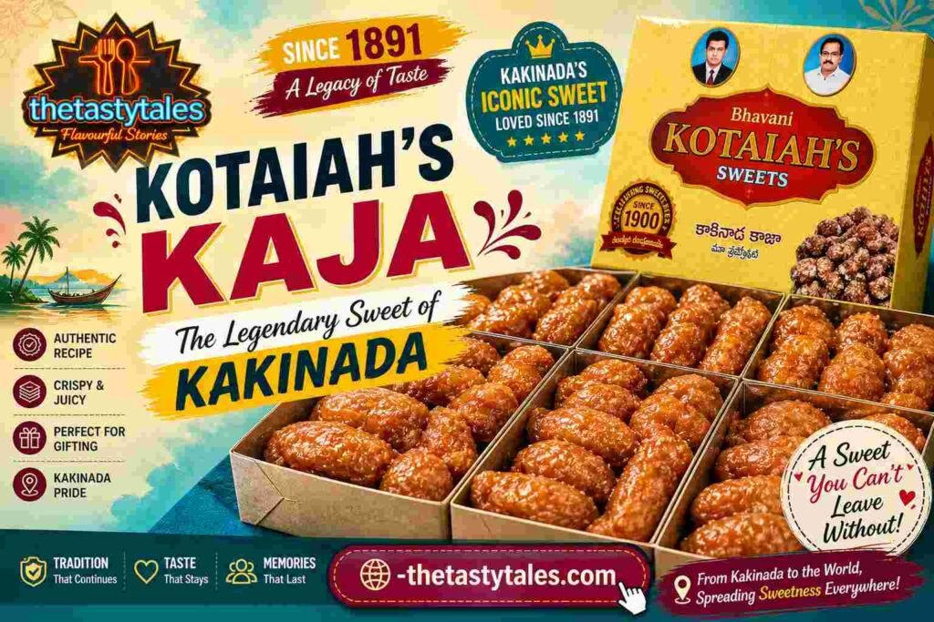 Kotaiah’s Kaja Kakinada featured image with crispy syrup-coated sweets boxes and branding of TheTastyTales