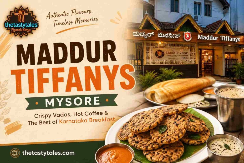 Featured image for Maddur Tiffanys Mysore blog showing crispy Maddur Vadas, South Indian breakfast, filter coffee, restaurant exterior, and The Tasty Tales logo.