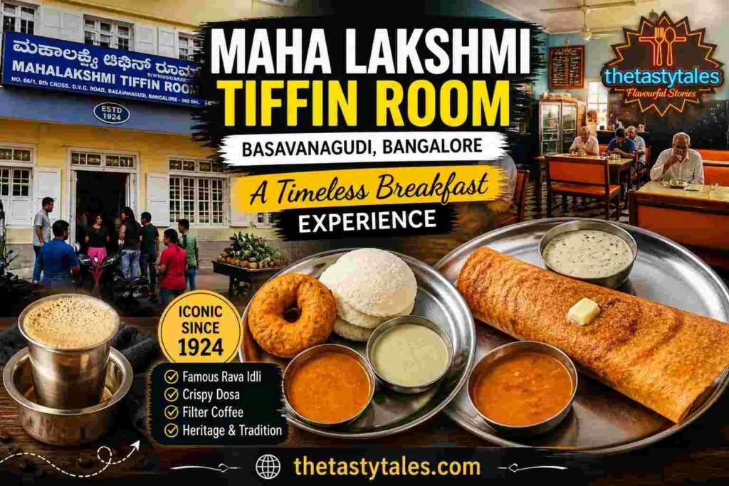 Maha Lakshmi Tiffin Room Basavanagudi Bangalore famous breakfast dosa idli filter coffee with The Tasty Tales logo