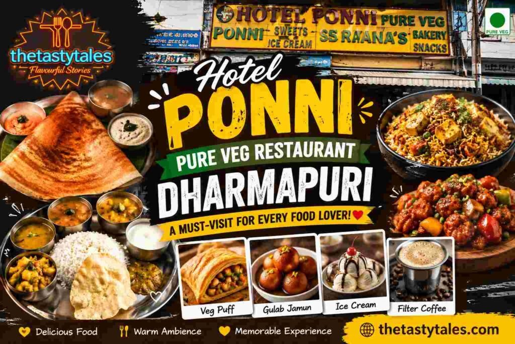 Featured image of Hotel Ponni Pure Veg Restaurant Dharmapuri showcasing crispy dosa, South Indian meals, sweets, bakery snacks, filter coffee, and vegetarian dishes with The Tasty Tales logo