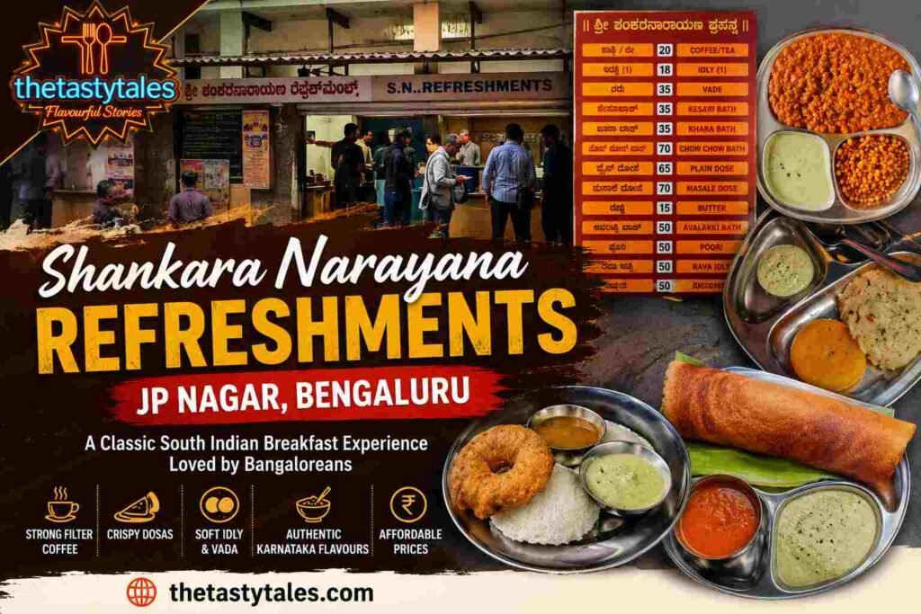 Featured image for Shankara Narayana Refreshments JP Nagar Bengaluru showcasing the restaurant exterior, menu board, Masala Dosa, Idly Vada, Chow Chow Bath, and Bisi Bele Bath with The Tasty Tales branding.