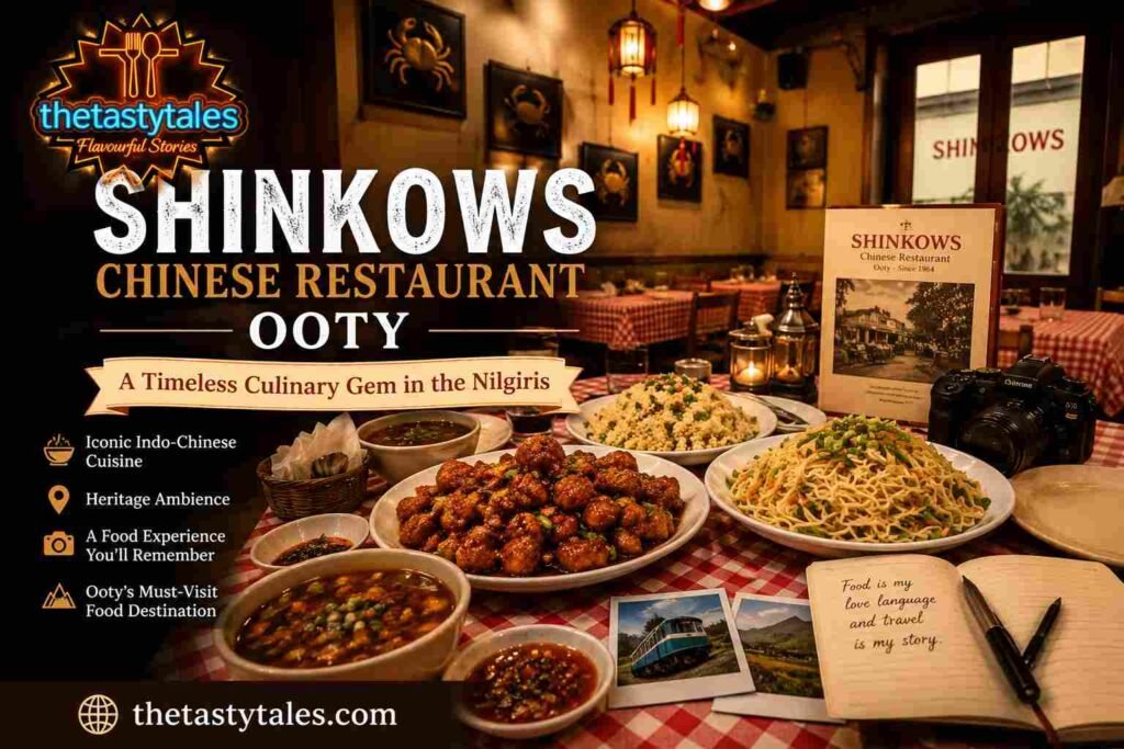 Featured image of Shinkows Chinese Restaurant Ooty showcasing Indo-Chinese dishes, vintage interiors, and The Tasty Tales branding