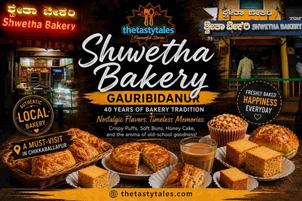 Featured image of Shwetha Bakery Gauribidanur showcasing the bakery storefront, fresh veg puffs, honey cake, dilpasand, tea, and traditional Karnataka bakery snacks.