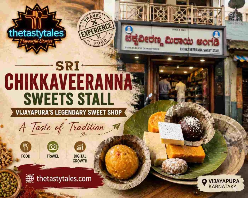 Featured image of Sri Chikkaveeranna Sweets Stall in Vijayapura showcasing traditional Karnataka sweets with The Tasty Tales branding