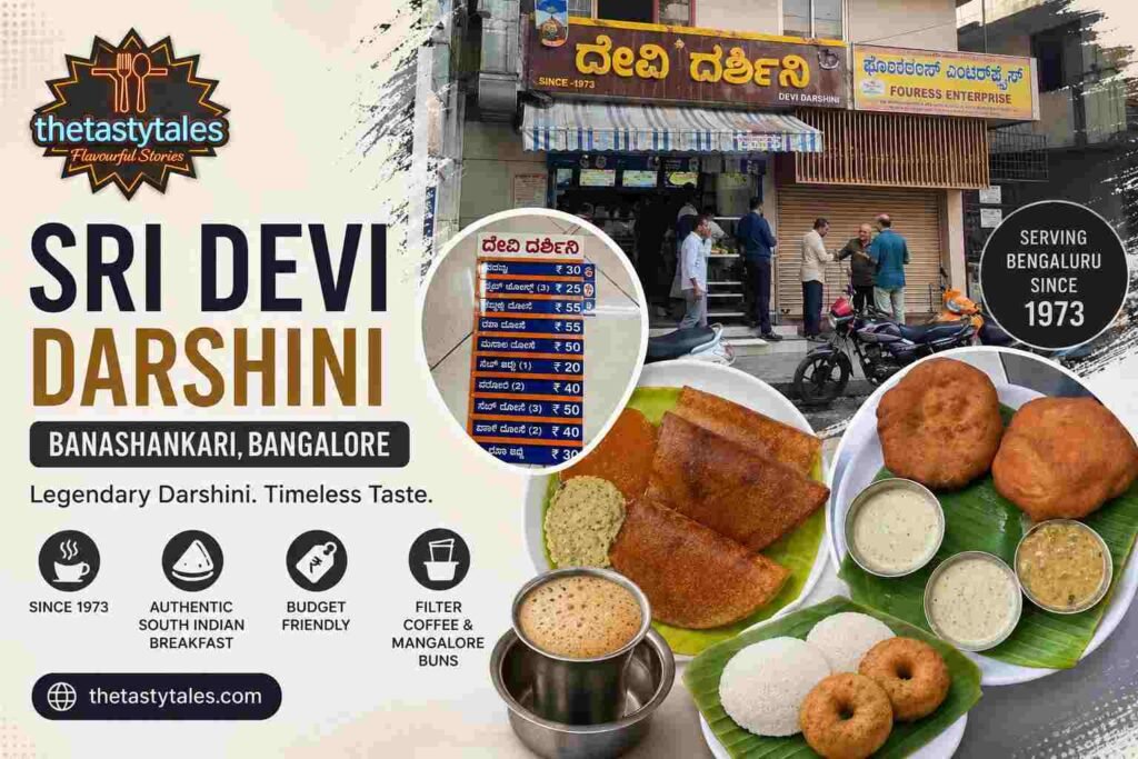 Featured image of Sri Devi Darshini Banashankari Bangalore with dosa, idli vada, Mangalore buns, filter coffee, menu board, and restaurant exterior