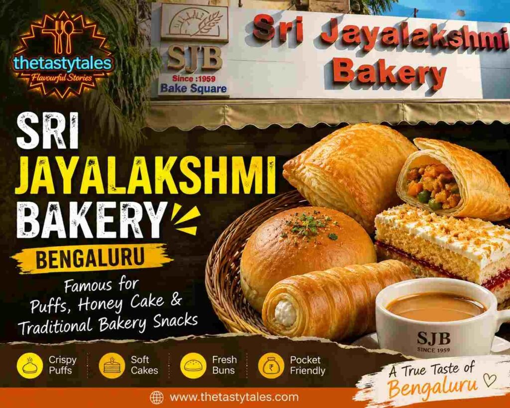 Featured image of Sri Jayalakshmi Bakery Bengaluru with bakery storefront, veg puff, honey cake, bun, cream roll, tea, and The Tasty Tales logo.