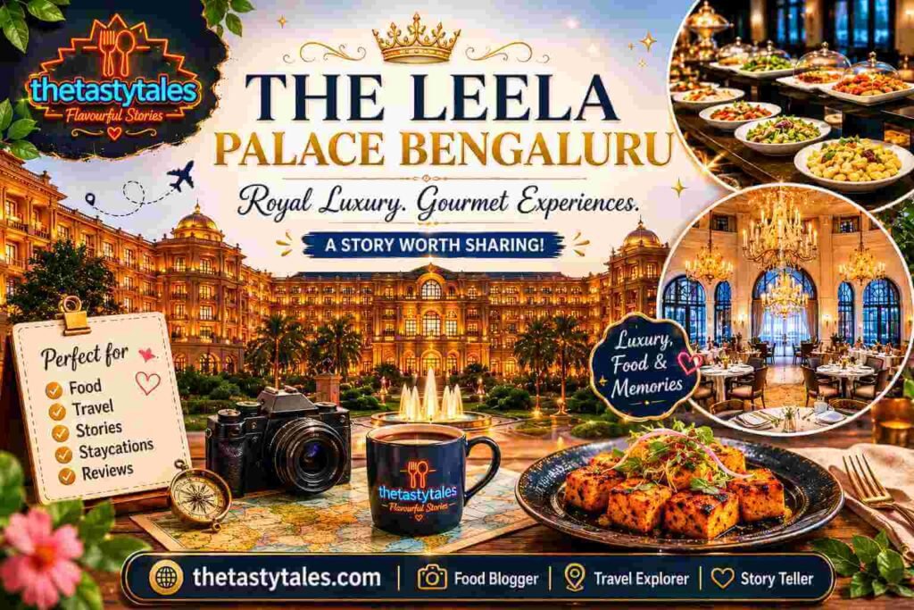 Featured image for The Leela Palace Bengaluru blog showcasing luxury hotel architecture, gourmet buffet dishes, elegant chandelier dining interiors, and The Tasty Tales branding.
