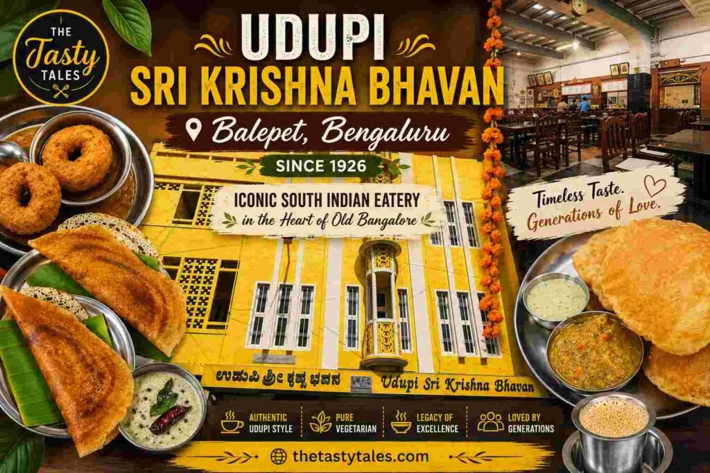 Featured image collage of Udupi Sri Krishna Bhavan Balepet Bengaluru with dosa, vada, poori sagu, vintage interiors, and restaurant exterior