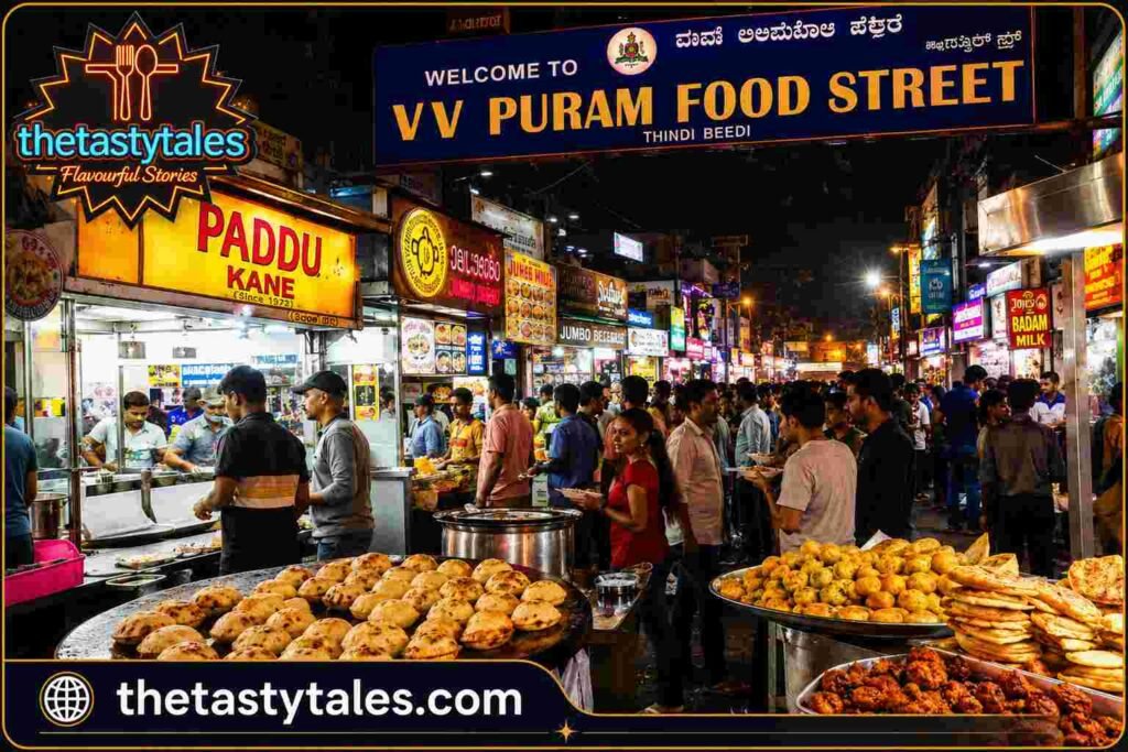 VV Puram Food Street Bangalore at night featuring bustling food stalls, traditional Karnataka snacks, colorful signboards, and crowds enjoying street food under bright lights.