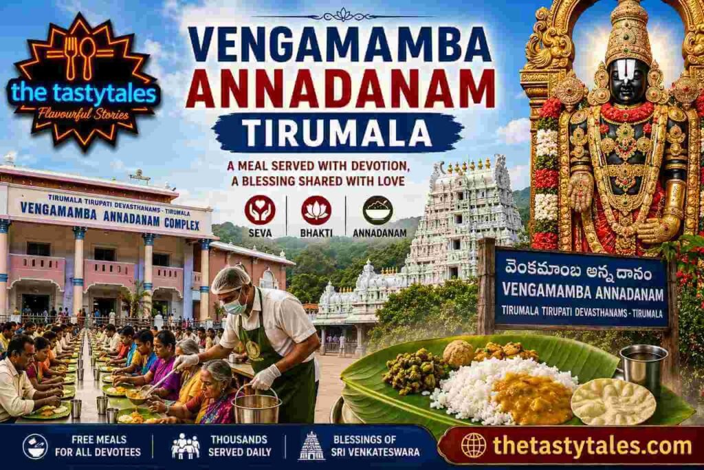 Photorealistic devotional featured image of Vengamamba Annadanam Tirumala with Lord Balaji, Tirumala Temple, devotees enjoying Annaprasadam, and The Tasty Tales branding.
