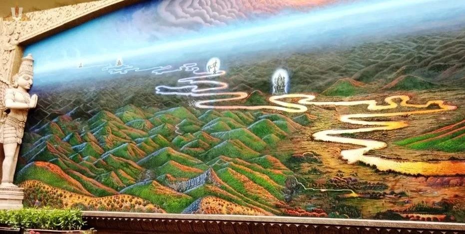 Beautiful wall artwork inside Vengamamba Annadanam Complex depicting the sacred Tirumala hills and spiritual landscape.