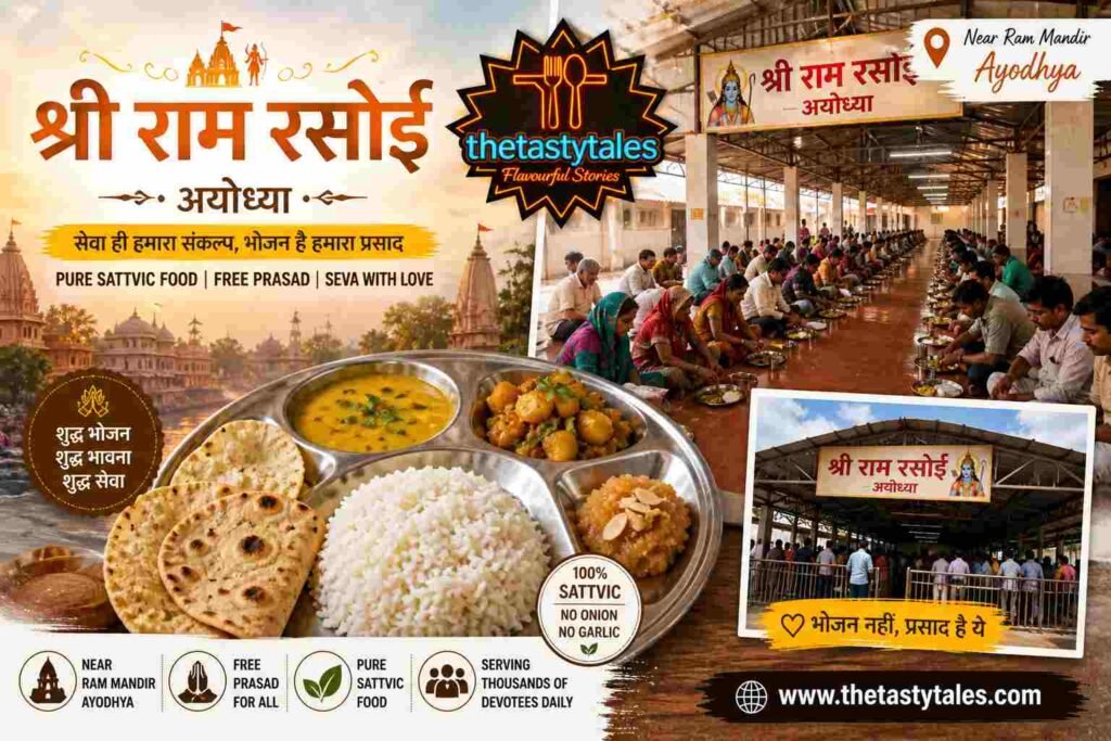 Shri Ram Rasoi Ayodhya prasad meal near Ram Mandir with sattvic thali and devotees dining together