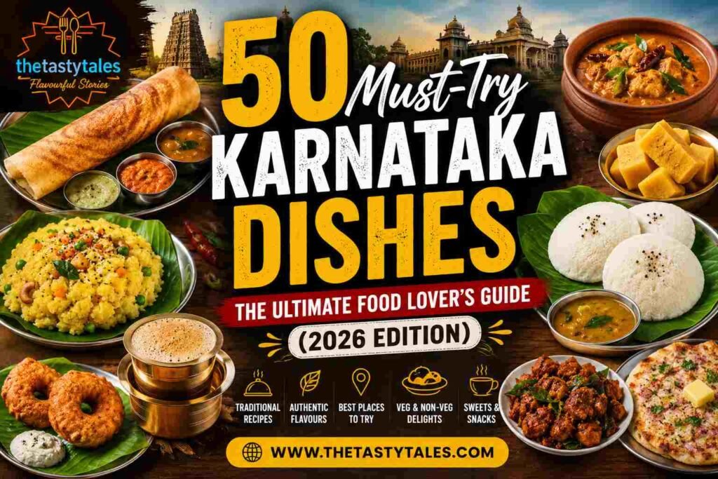 50 Must-Try Karnataka Dishes (2026) featured image showcasing iconic Karnataka foods including Benne Dosa, Rava Idli, Khara Bath, Mysore Pak, Filter Coffee, Chicken Ghee Roast, and traditional South Indian delicacies.