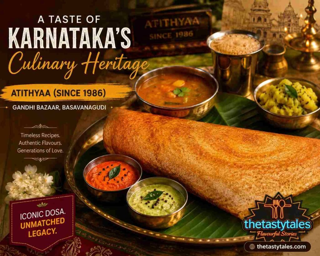 Featured image showcasing Atithyaa (Since 1986) in Gandhi Bazaar, Bengaluru, with the restaurant exterior, crispy dosa, traditional Karnataka meals, filter coffee, and The Tasty Tales branding highlighting Karnataka's dosa heritage.