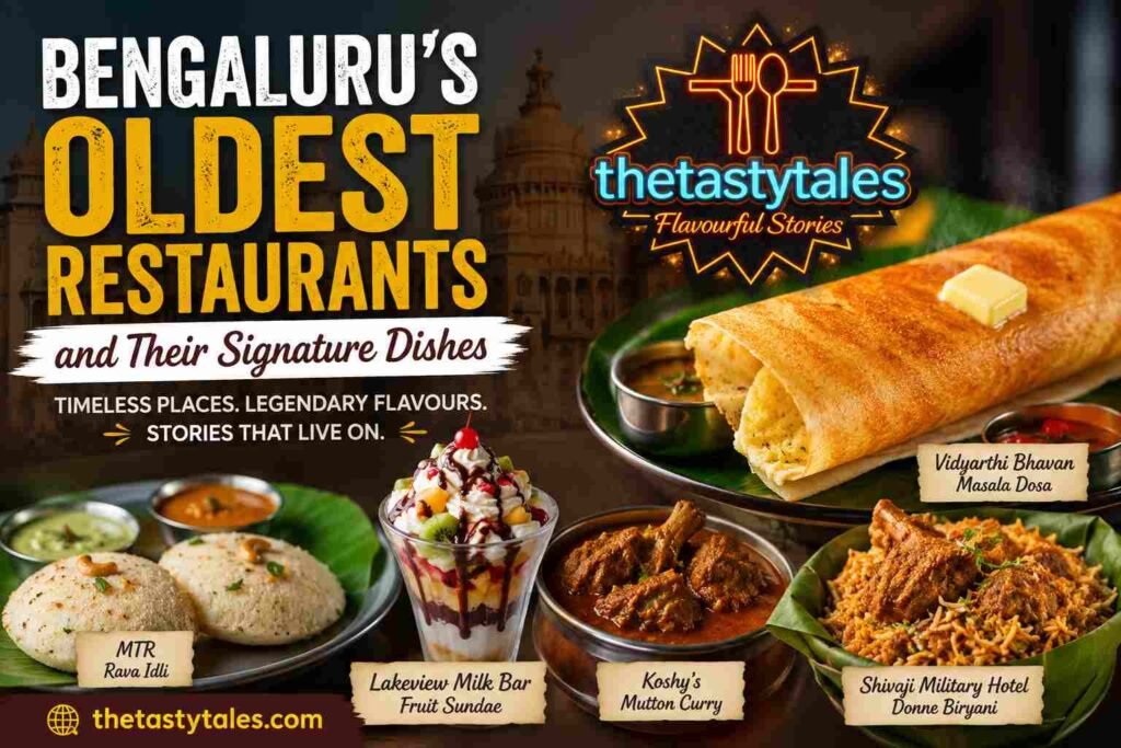 Featured image showcasing Bengaluru's oldest restaurants and their signature dishes, including MTR Rava Idli, Vidyarthi Bhavan Masala Dosa, Koshy's Mutton Curry, Lakeview Milk Bar Fruit Sundae, and Shivaji Military Hotel Donne Biryani, with The Tasty Tales logo and Bengaluru city backdrop.