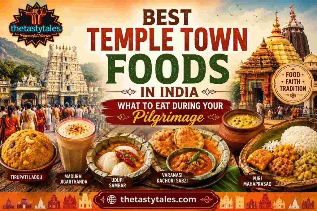 Featured image showcasing the best temple town foods in India, including Tirupati Laddu, Madurai Jigarthanda, Udupi Sambar, Varanasi Kachori Sabzi, and Puri Mahaprasad alongside iconic Indian temples and pilgrims.