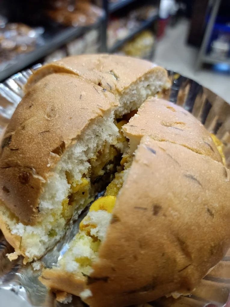 Traditional Khara Bun stuffed with spicy filling at Sri Srinivasa Brahmins Bakery, Basavanagudi.