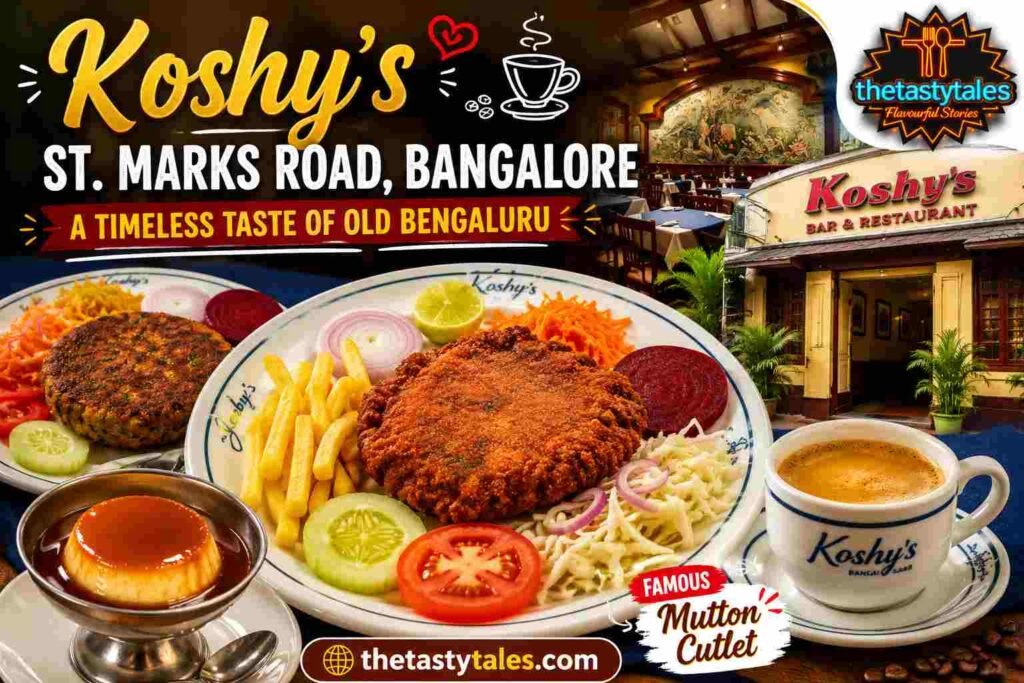 Featured image for Koshy's St. Marks Road Bangalore review showing famous mutton cutlet, vegetable cutlet, caramel custard, heritage restaurant interiors, and The Tasty Tales branding