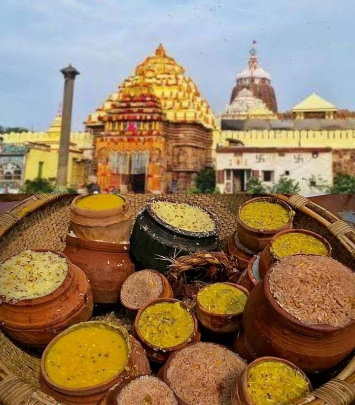 Traditional Mahaprasad served in earthen pots at Jagannath Temple, Puri, showcasing Odisha's sacred temple cuisine.