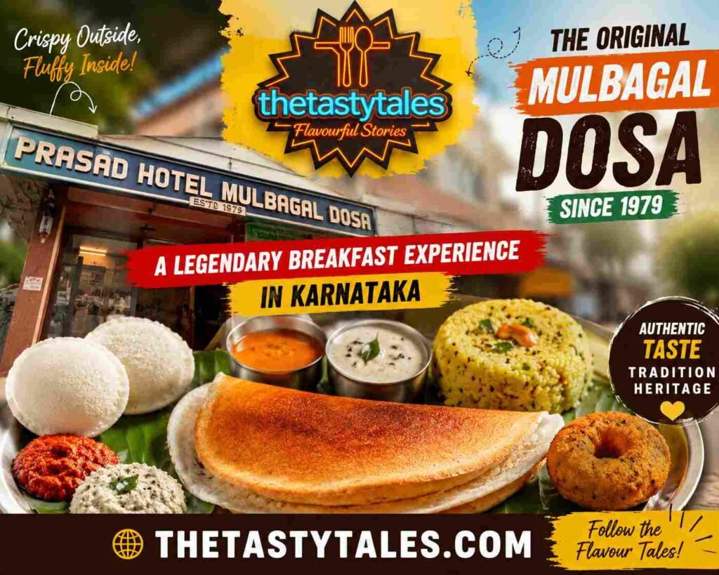 Featured image of Prasad Hotel Mulbagal Dosa showcasing the original Mulbagal Dosa, thatte idli, vada, chutneys, and chitranna with The Tasty Tales branding and website address.