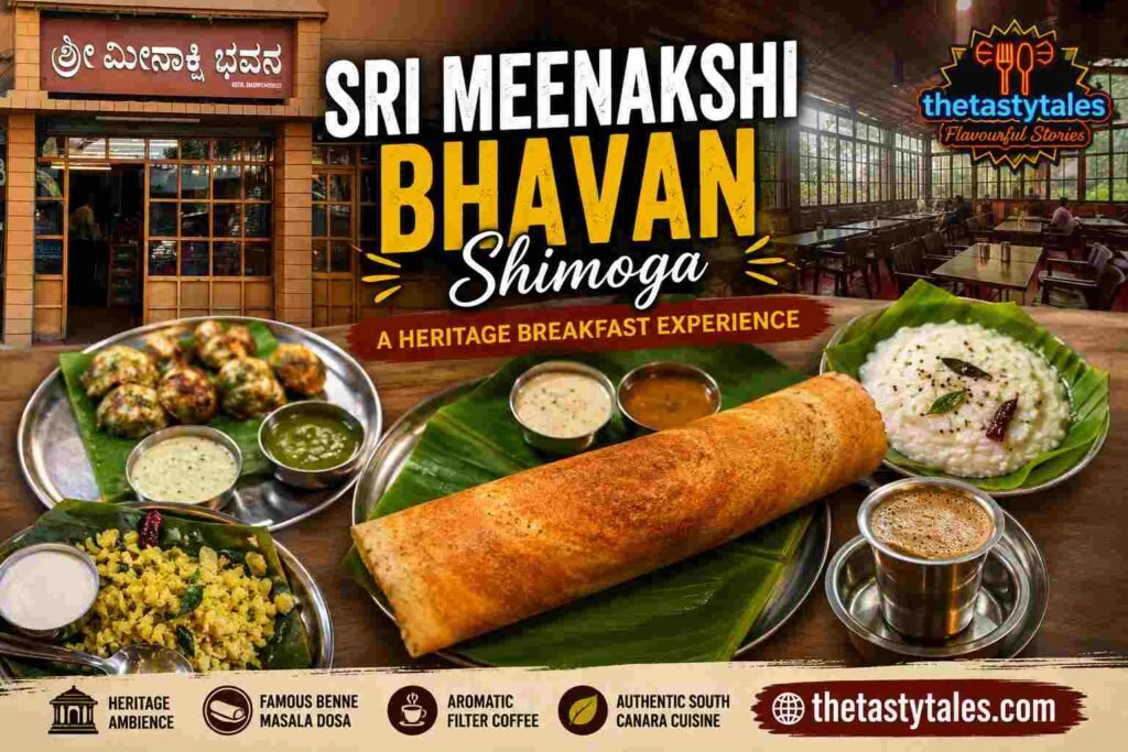 ALT TEXT Sri Meenakshi Bhavan Shimoga featuring heritage restaurant interiors, famous Benne Masala Dosa, Paddu, Avalakki Mosaru, filter coffee, and authentic South Canara cuisine in Shivamogga, Karnataka.