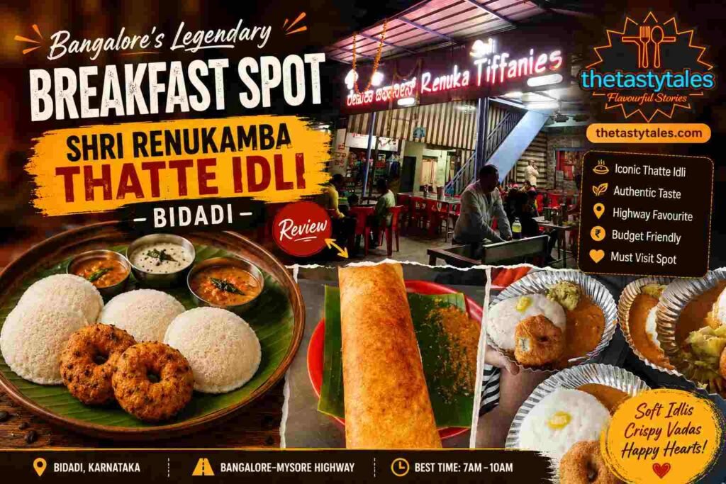 Featured image collage of Shri Renukamba Thatte Idli in Bidadi featuring the restaurant exterior, soft Thatte Idli with crispy vada, masala dosa, and The Tasty Tales branding on the Bengaluru–Mysuru Highway.