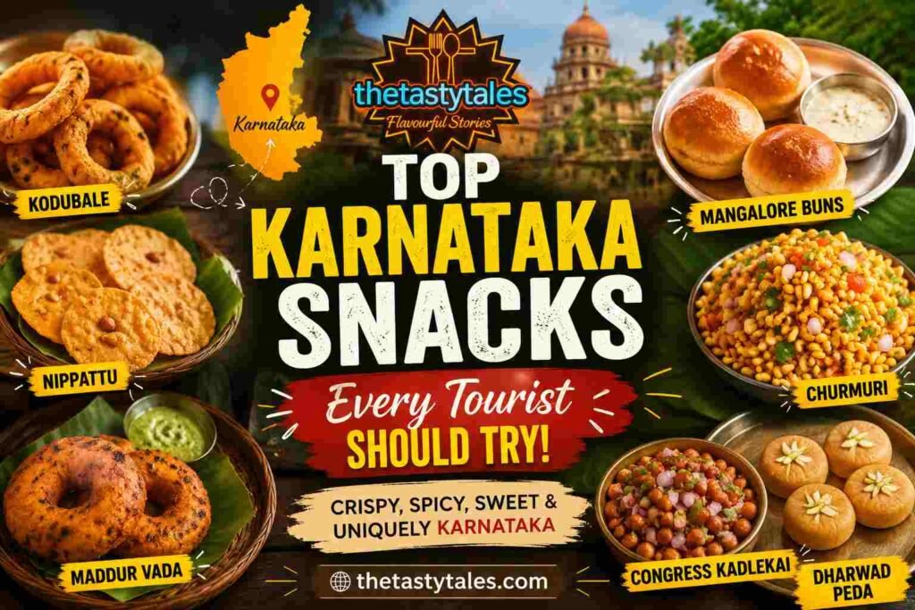 Top Karnataka snacks every tourist should try featuring Kodubale, Nippattu, Maddur Vada, Mangalore Buns, Churmuri, Congress Kadlekai, and Dharwad Peda with The Tasty Tales branding and Karnataka map.