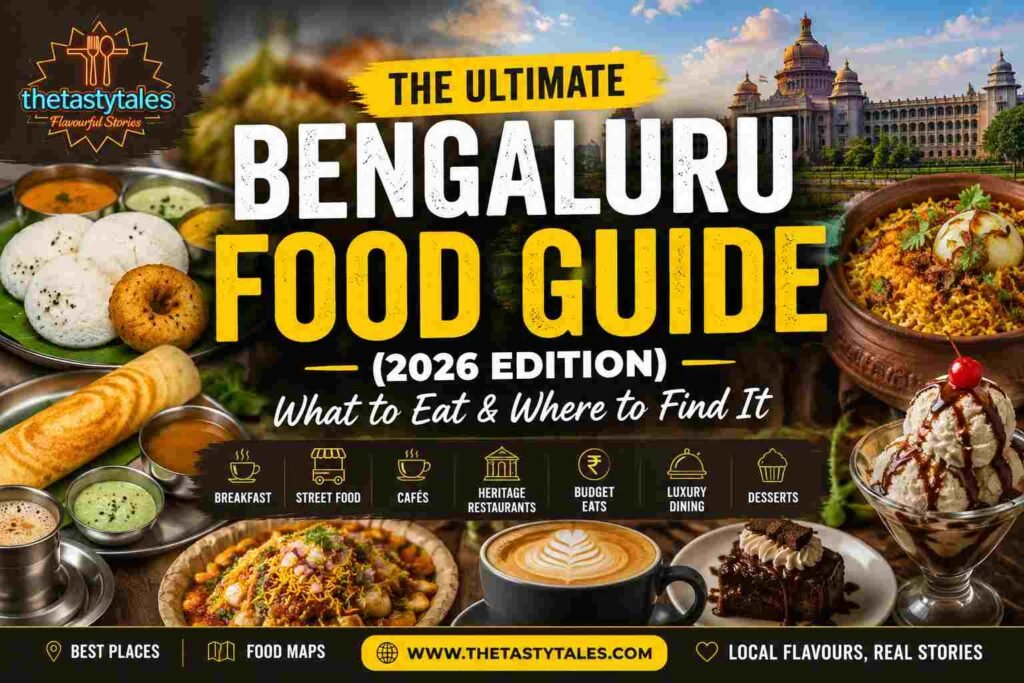 The Ultimate Bengaluru Food Guide 2026 featuring Bengaluru's best breakfast, street food, cafés, heritage restaurants, desserts, and iconic local dishes.