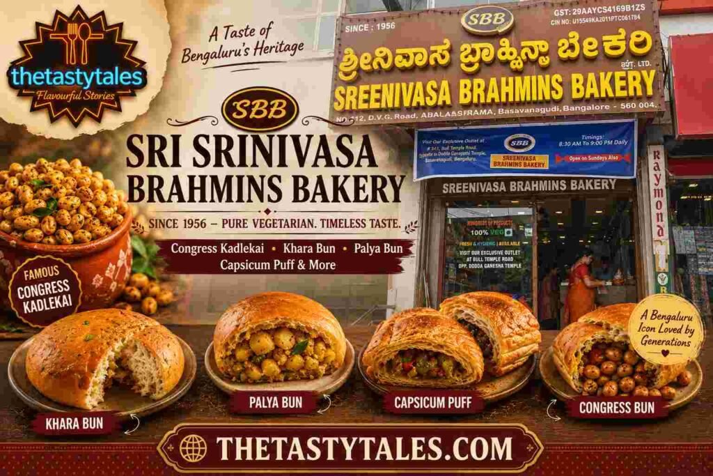 Featured image of Sri Srinivasa Brahmins Bakery in Basavanagudi, Bengaluru, showcasing the famous Congress Kadlekai, Khara Bun, Palya Bun, Capsicum Puff, bakery storefront, and The Tasty Tales branding.