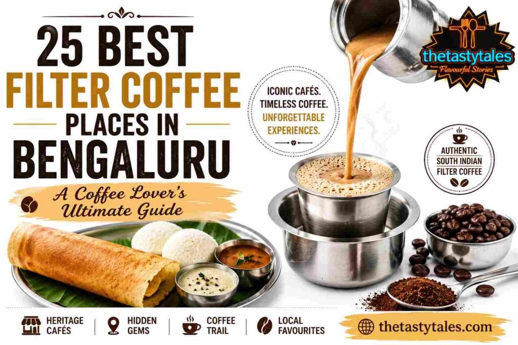 Best Filter Coffee in Bengaluru featured image showcasing traditional South Indian filter coffee, crispy dosa, heritage cafés, and The Tasty Tales branding with thetastytales.com.