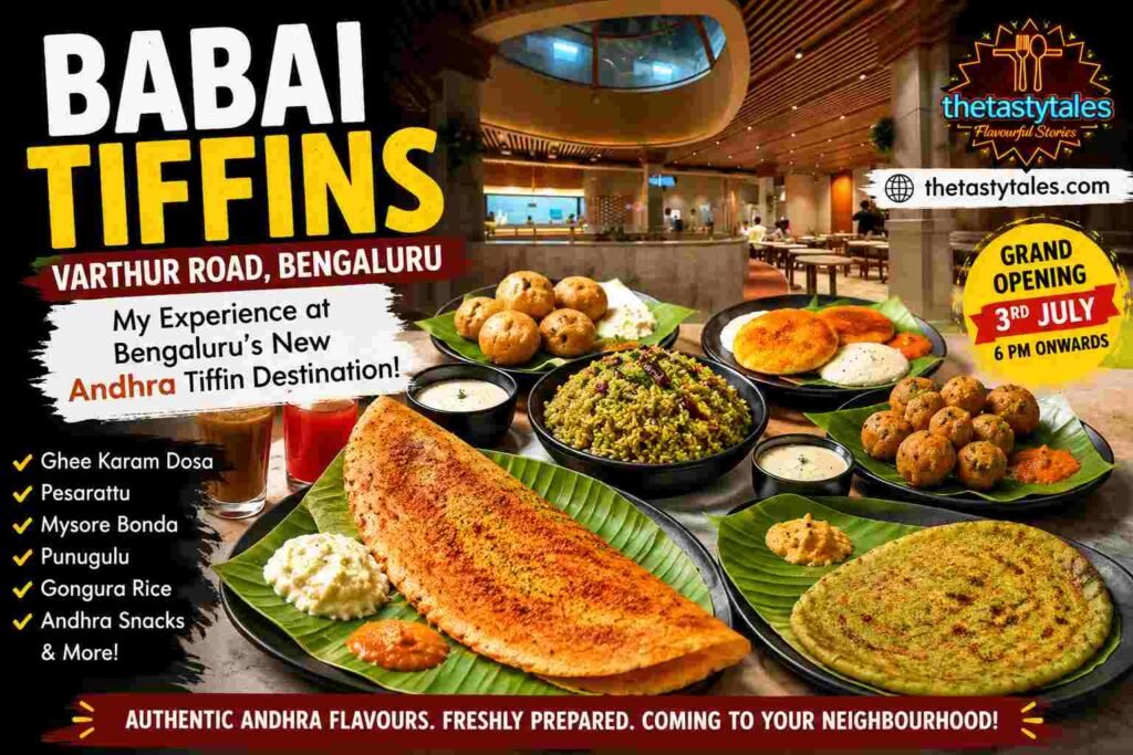 Babai Tiffins Varthur Road Bengaluru featured image showcasing authentic Andhra breakfast dishes including Ghee Karam Dosa, Pesarattu, Gongura Rice, Punugulu, and Mysore Bonda.