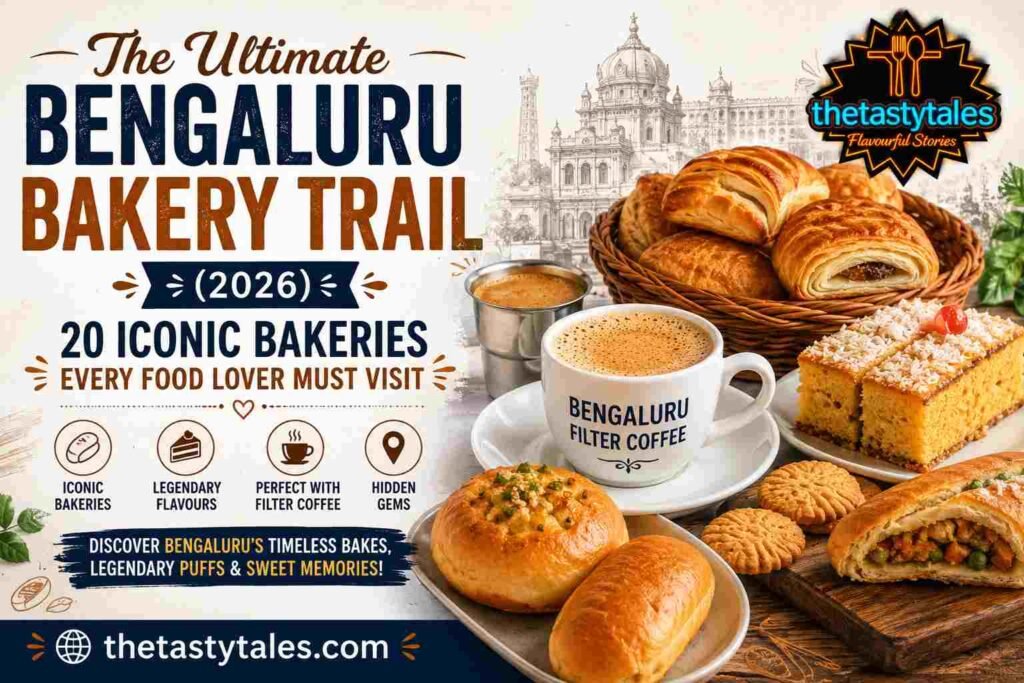 Best Bakeries in Bengaluru featured image showcasing iconic Iyengar bakery treats, honey cake, veg puff, filter coffee, and The Tasty Tales branding with thetastytales.com.