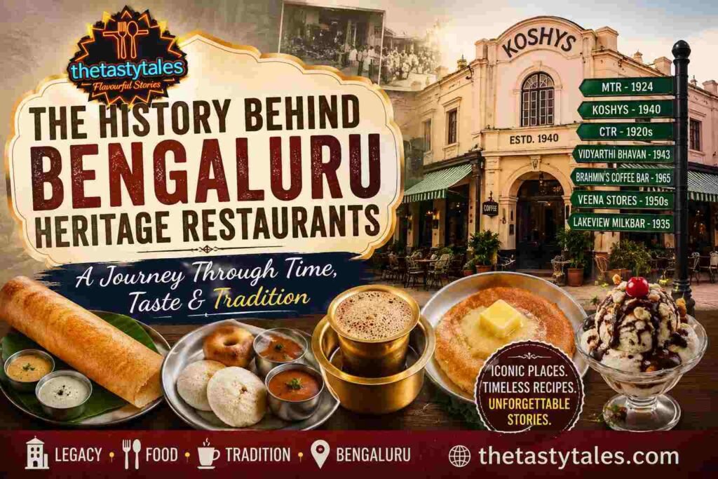Featured image showcasing Bengaluru Heritage Restaurants including Koshy's, MTR, CTR, Vidyarthi Bhavan, Brahmin's Coffee Bar, and iconic South Indian dishes with The Tasty Tales branding.