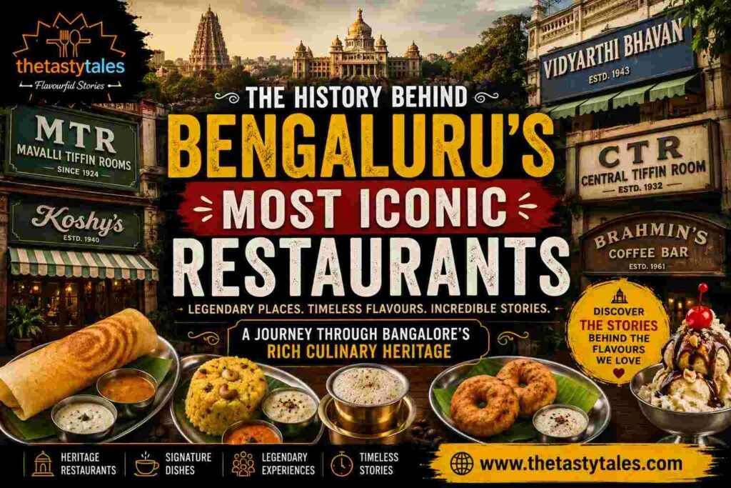 The History Behind Bengaluru's Most Iconic Restaurants featuring Koshy's, MTR, Vidyarthi Bhavan, CTR, Brahmin's Coffee Bar, heritage South Indian dishes, and Bengaluru's rich culinary legacy.