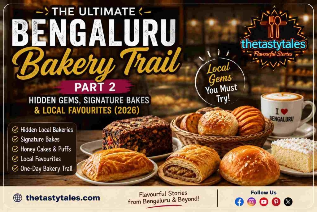 Featured image for The Ultimate Bengaluru Bakery Trail – Part 2 (2026) showcasing hidden local bakeries in Bengaluru with Honey Cake, Veg Puff, Dil Pasand, Khara Bun, Plum Cake, artisan breads, coffee, The Tasty Tales logo, and thetastytales.com.