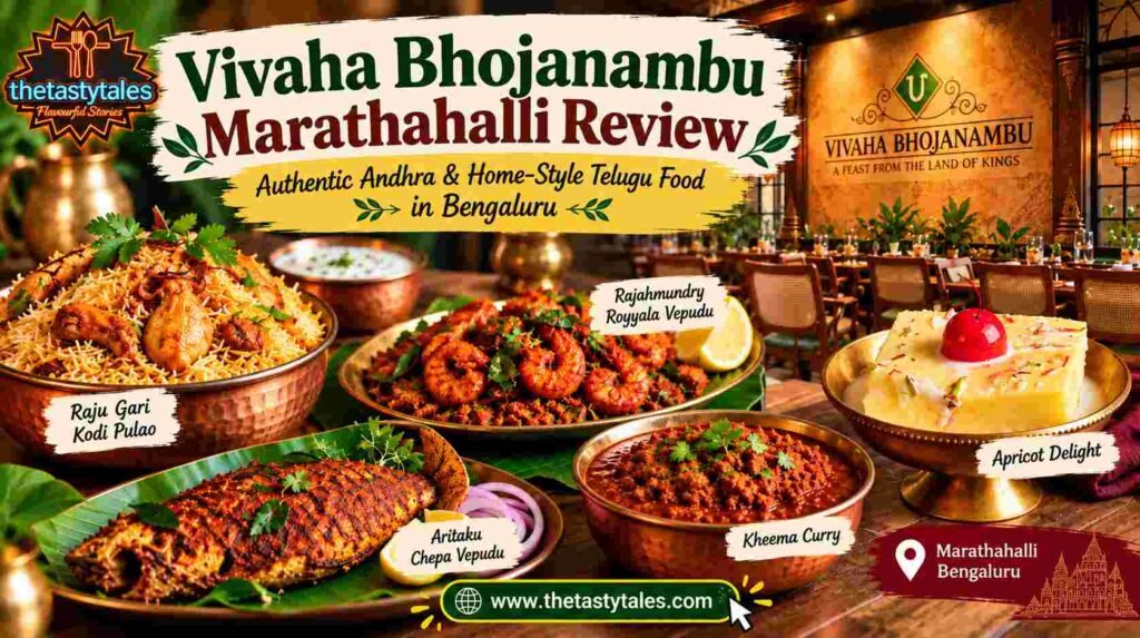 Vivaha Bhojanambu Marathahalli review featuring Andhra food, Raju Gari Kodi Pulao, Rajahmundry Royyala Vepudu, fish fry, Kheema Curry and Apricot Delight