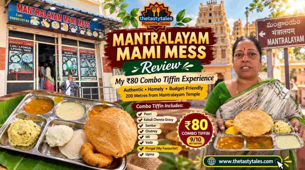 Mantralayam Mami Mess review featuring the ₹80 Combo Tiffin with poori, idli, vada, Pongal, upma, sambar and chutney