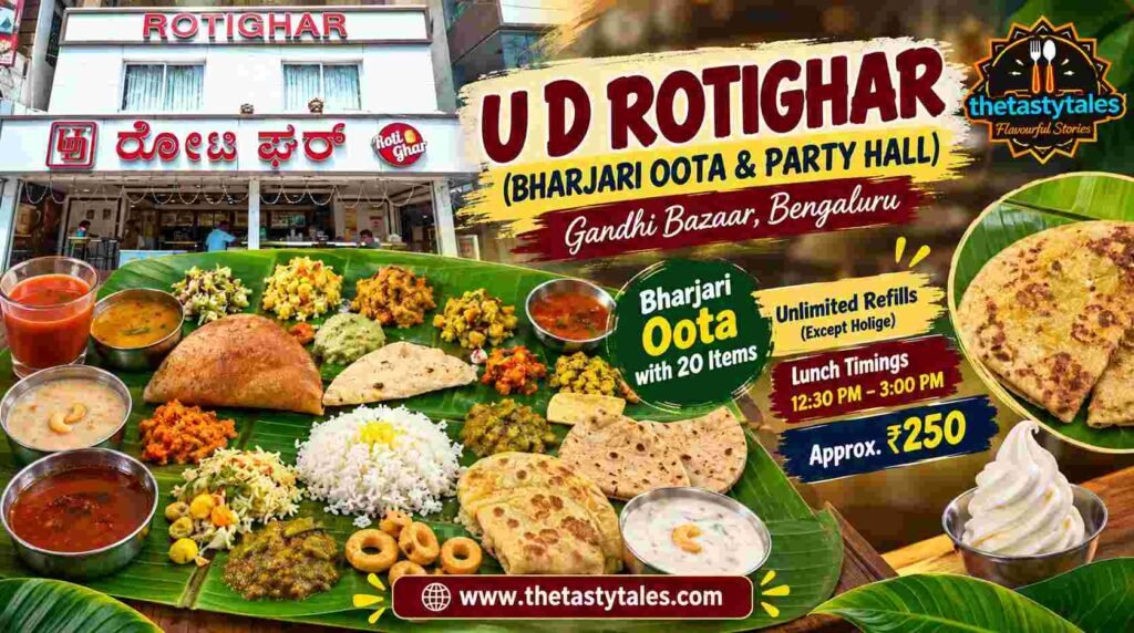 U D Rotighar Gandhi Bazaar review featuring Bharjari Oota with around 20 vegetarian items served on a banana leaf, restaurant exterior, unlimited refills except holige, and The Tasty Tales logo.
